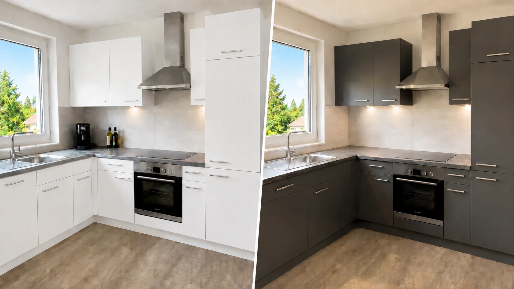 Kleine keuken voor en na het wrappen met betonlook interieurfolie.