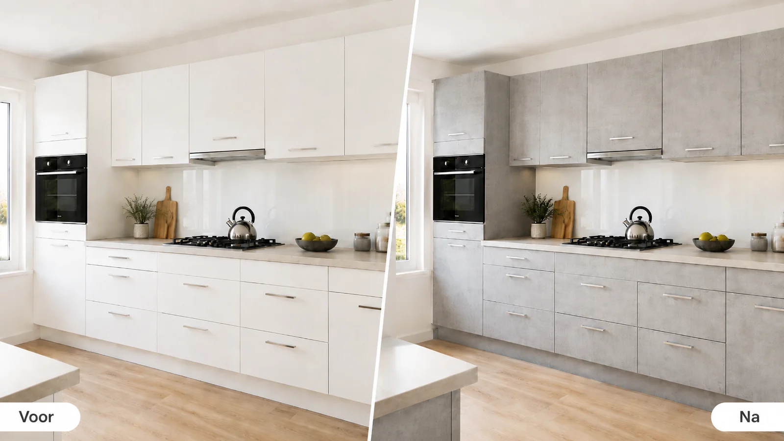 Voor en na keuken wrappen van witte keuken naar betonlook folie